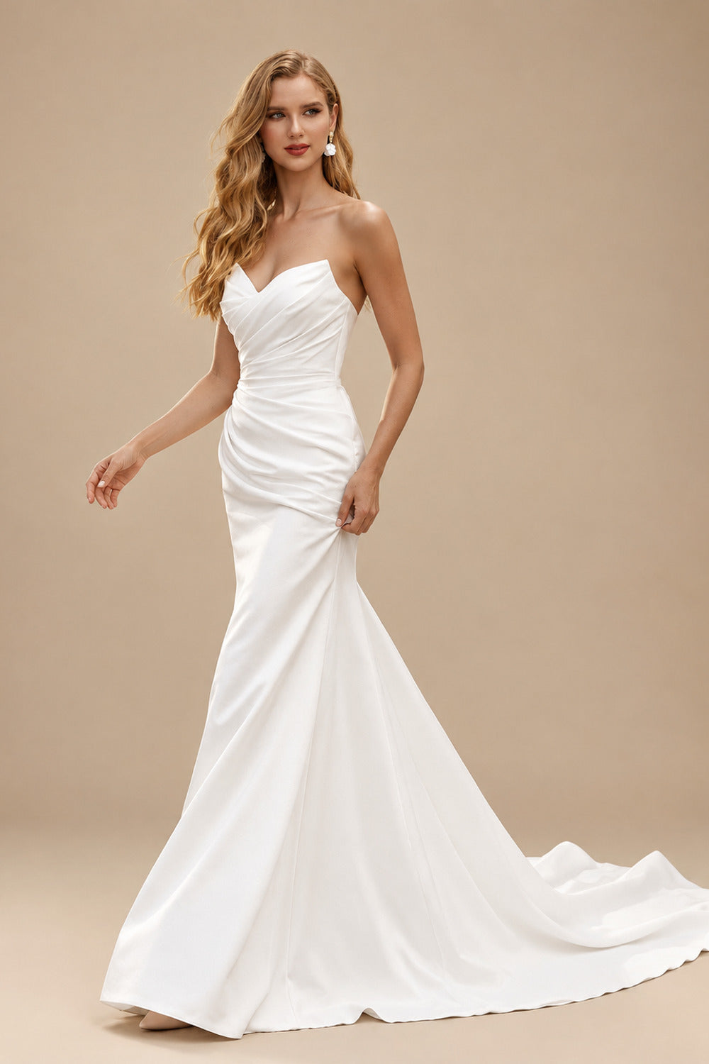 Rutipo Ivory Trumpet/Mermaid Sweetheart Sleeveless Detachable Matte Satin Wedding Dresses With Flower(s)
