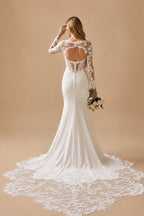 Rutipo Ivory Trumpet Mermaid Illusion Neck Long Sleeves Cathedral Tulle Elastic Satin Wedding Dresses With Lace Back Hole