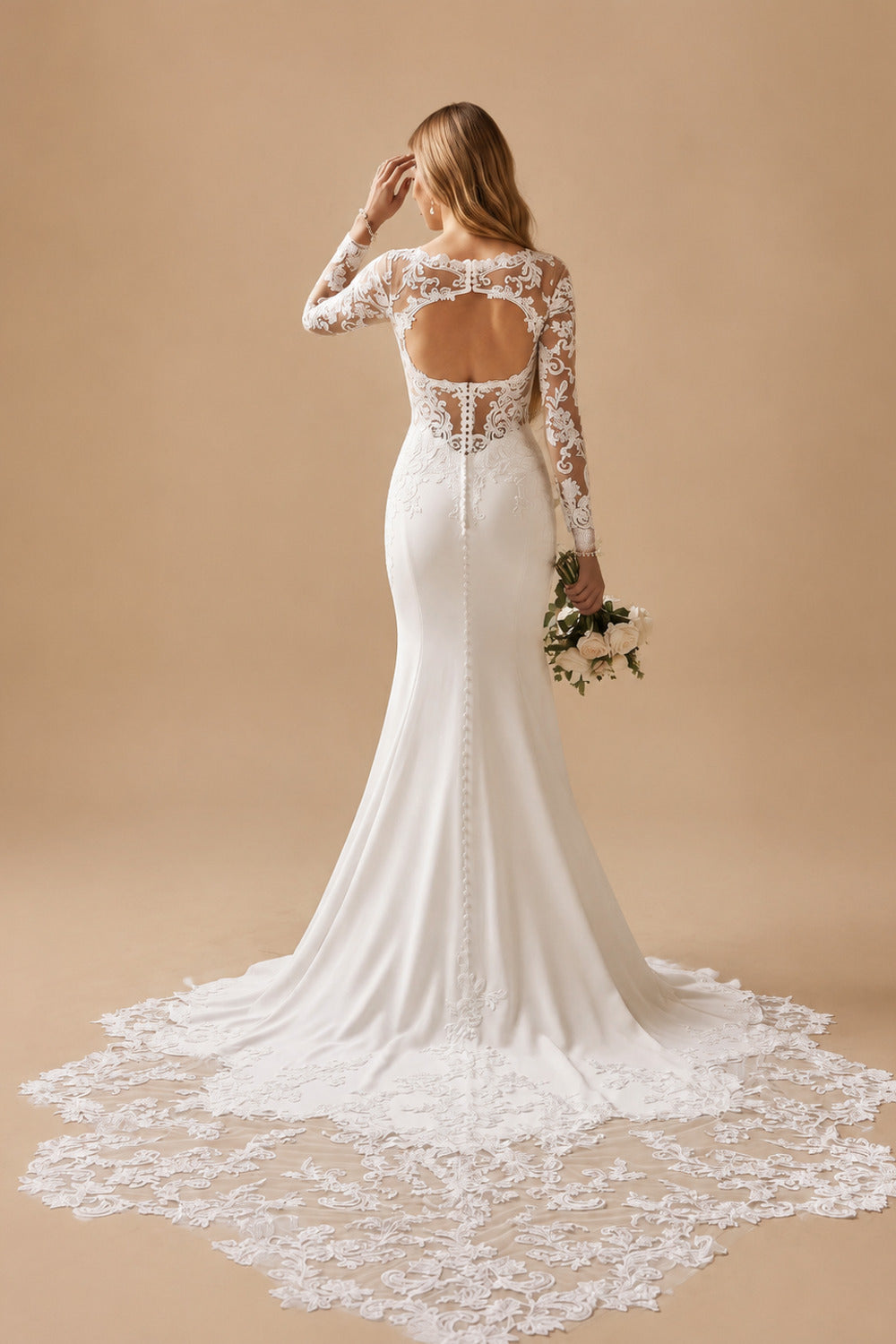 Rutipo Ivory Trumpet Mermaid Illusion Neck Long Sleeves Cathedral Tulle Elastic Satin Wedding Dresses With Lace Back Hole
