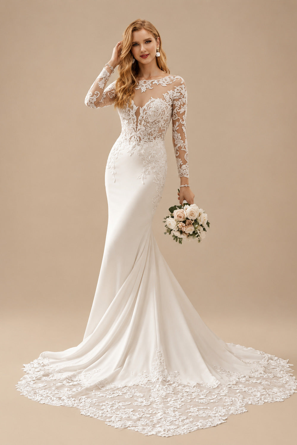 Rutipo Ivory Trumpet Mermaid Illusion Neck Long Sleeves Cathedral Tulle Elastic Satin Wedding Dresses With Lace Back Hole