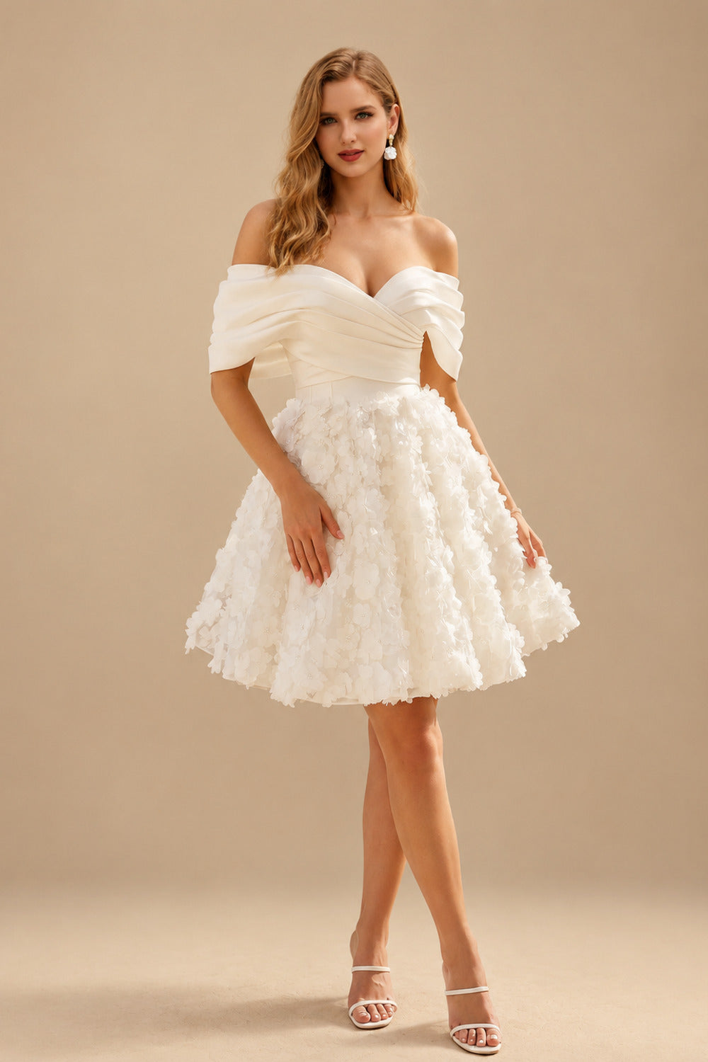 Rutipo Ivory A-Line Off-The-Shoulder Sleeveless Short/Mini Wedding Dresses With Appliques Lace