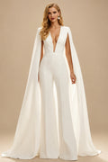 Rutipo Ivory Jumpsuit/Pantsuit Plunge Neck Cape Sleeves Floor-Length Wedding Dresses
