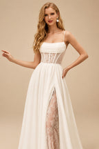 Rutipo Ivory A-Line Square Neckline Sleeveless Sweep Train Wedding Dresses With Appliques Lace/High Split
