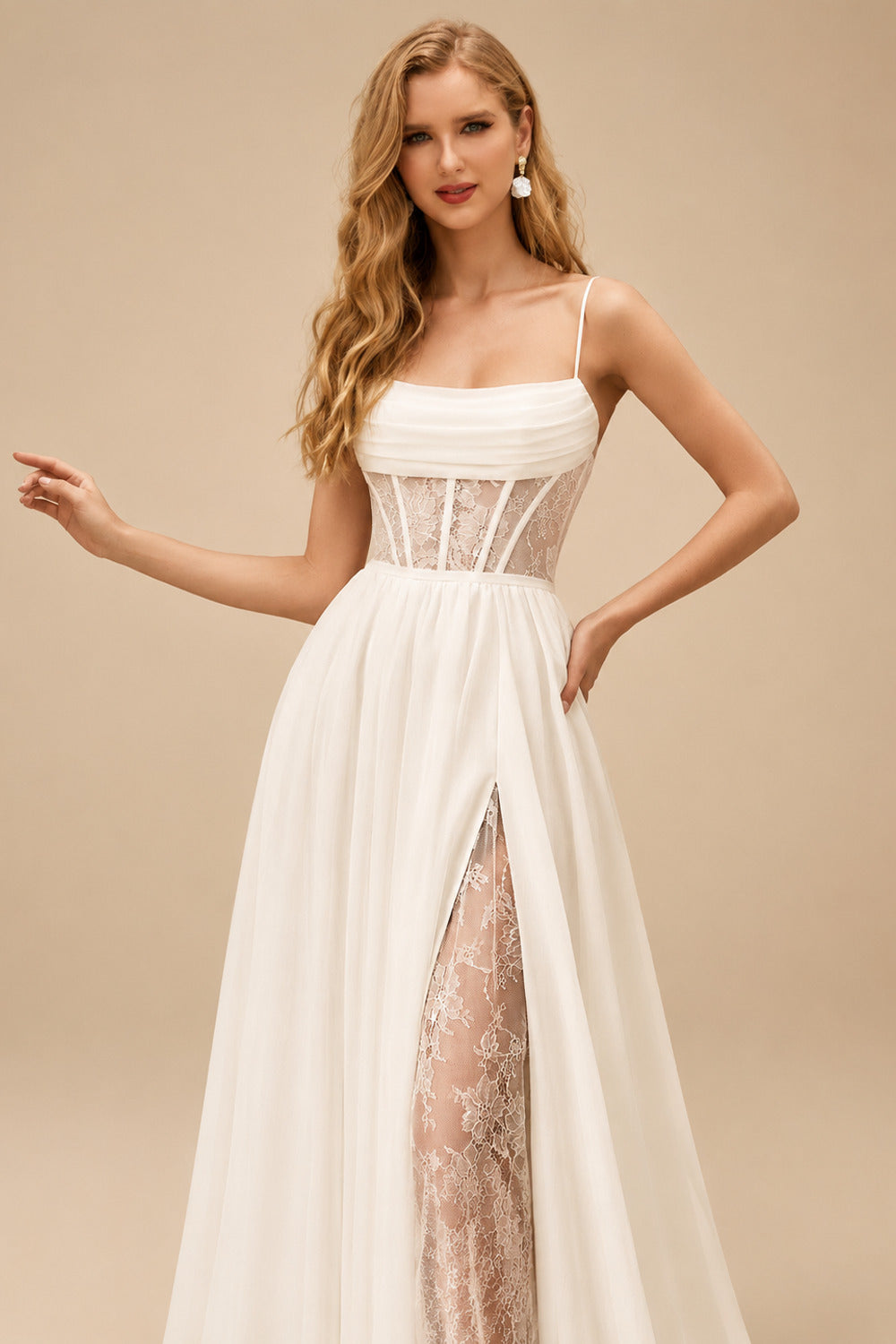 Rutipo Ivory A-Line Square Neckline Sleeveless Sweep Train Wedding Dresses With Appliques Lace/High Split