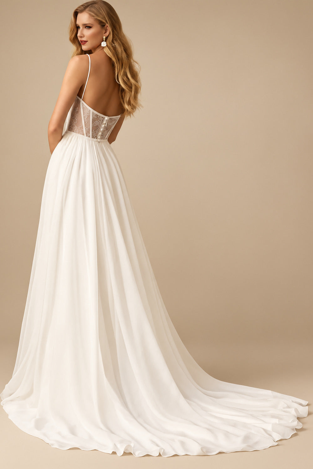 Rutipo Ivory A-Line Square Neckline Sleeveless Sweep Train Wedding Dresses With Appliques Lace/High Split