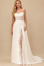 Rutipo Ivory A-Line Square Neckline Sleeveless Sweep Train Wedding Dresses With Appliques Lace/High Split
