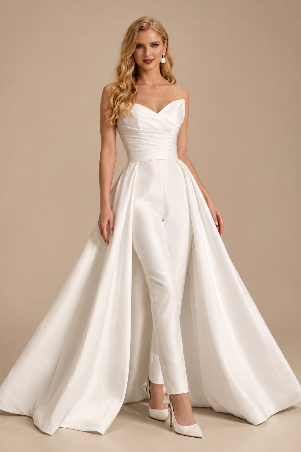 Rutipo Ivory Jumpsuit Pantsuit Sweetheart Sleeveless Detachable Soft Satin Wedding Dresses With Bow