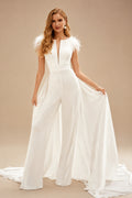 Rutipo Ivory Jumpsuit/Pantsuit Scoop Neck Sleeveless Court Train Chiffon Wedding Dresses With Overskirt Dress