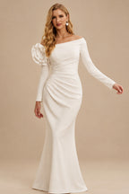Rutipo Ivory Trumpet/Mermaid Off-The-Shoulder Long Sleeves Sweep Train Elastic Satin Wedding Dresses With Flower(s)