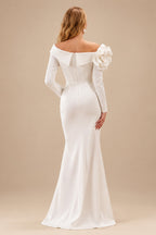 Rutipo Ivory Trumpet/Mermaid Off-The-Shoulder Long Sleeves Sweep Train Elastic Satin Wedding Dresses With Flower(s)