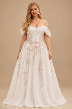 Rutipo White A-Line Off-The-Shoulder Cape Sleeves Court Train Satin/Stretch Chiffon Wedding Dresses With Split Front/Appliques Lace