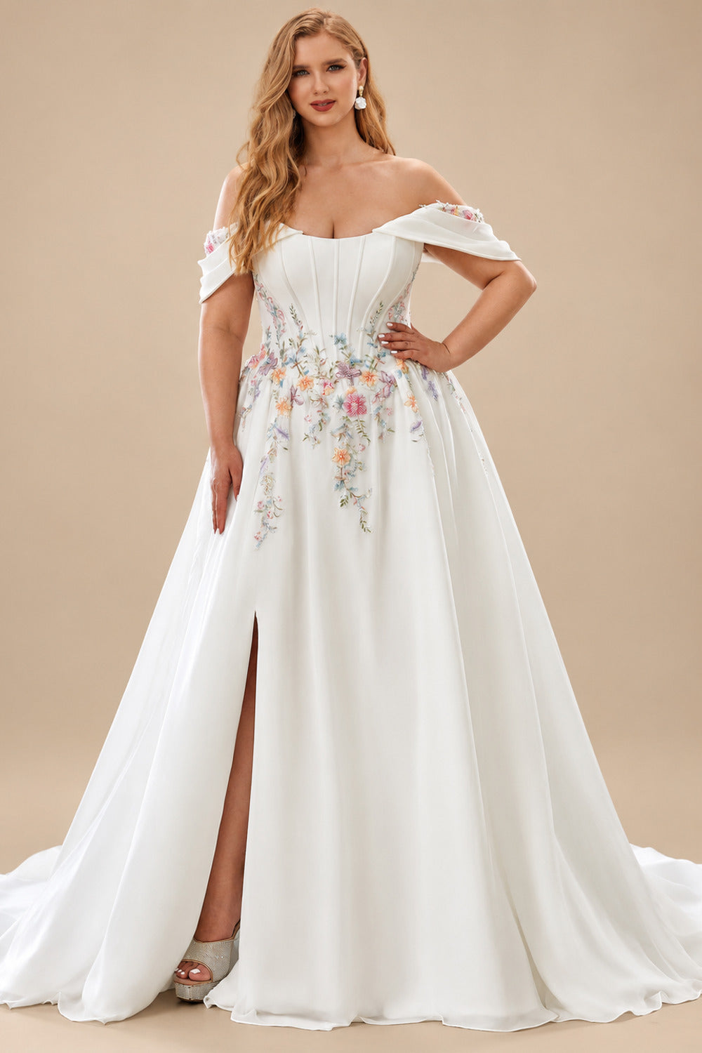Rutipo White A-Line Off-The-Shoulder Cape Sleeves Court Train Satin/Stretch Chiffon Wedding Dresses With Split Front/Appliques Lace