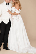Rutipo White A-Line Off-The-Shoulder Cape Sleeves Court Train Satin/Stretch Chiffon Wedding Dresses With Split Front/Appliques Lace