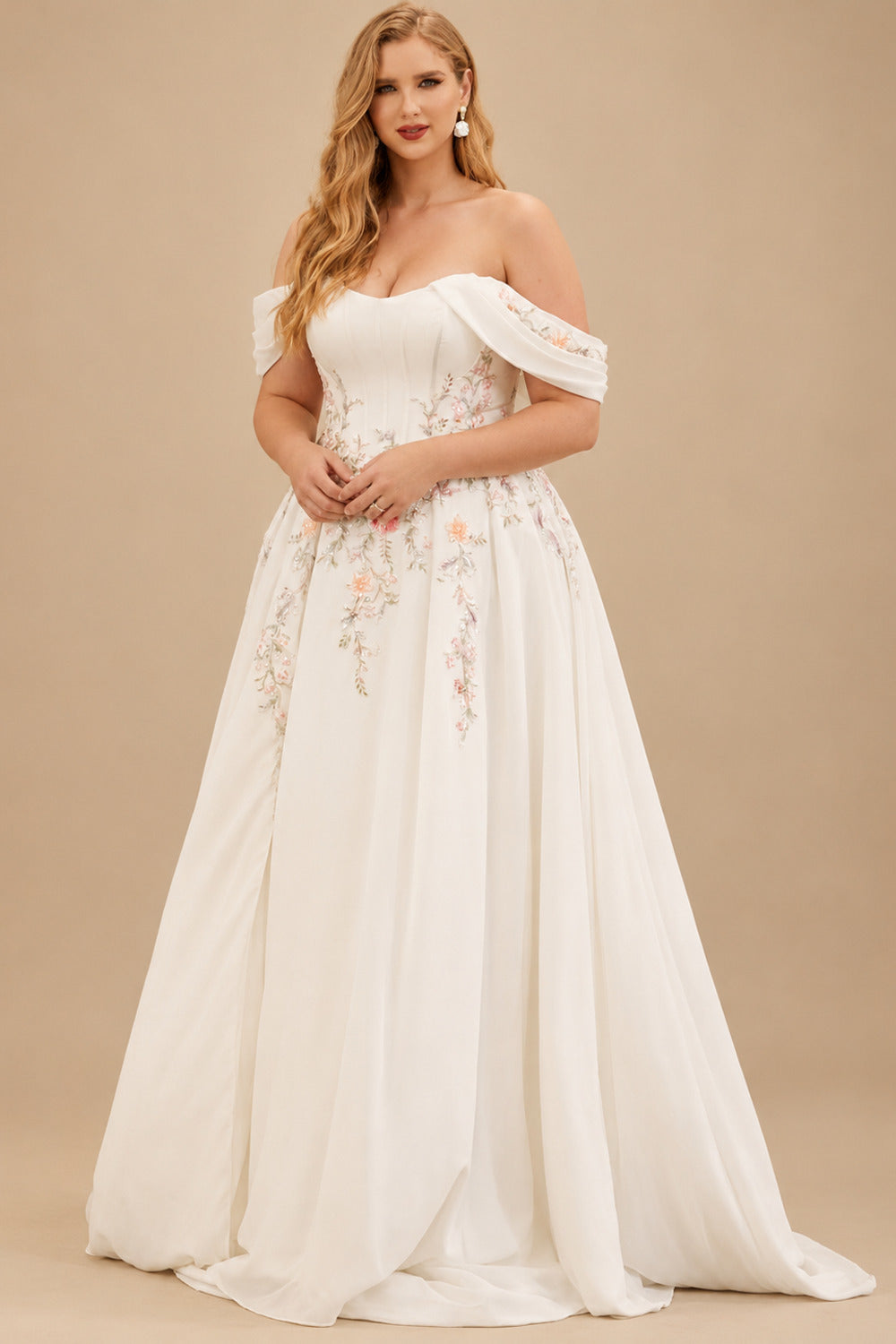 Rutipo White A-Line Off-The-Shoulder Cape Sleeves Court Train Satin/Stretch Chiffon Wedding Dresses With Split Front/Appliques Lace