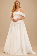 Rutipo White A-Line Off-The-Shoulder Cape Sleeves Court Train Satin/Stretch Chiffon Wedding Dresses With Split Front/Appliques Lace