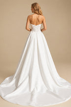 Rutipo White Ball-Gown Strapless Sleeveless Chapel Train Matte Satin Wedding Dresses With Pockets