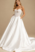Rutipo White Ball-Gown Strapless Sleeveless Chapel Train Matte Satin Wedding Dresses With Pockets