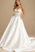 Rutipo White Ball-Gown Strapless Sleeveless Chapel Train Matte Satin Wedding Dresses With Pockets