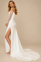 Rutipo Ivory Trumpet/Mermaid Off-The-Shoulder Long Sleeves Court Train Lace/Acetate Satin Wedding Dresses With High Split