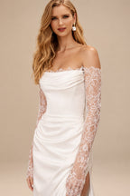 Rutipo Ivory Trumpet/Mermaid Off-The-Shoulder Long Sleeves Court Train Lace/Acetate Satin Wedding Dresses With High Split