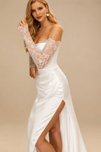 Rutipo Ivory Trumpet/Mermaid Off-The-Shoulder Long Sleeves Court Train Lace/Acetate Satin Wedding Dresses With High Split