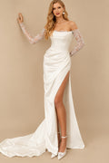 Rutipo Ivory Trumpet/Mermaid Off-The-Shoulder Long Sleeves Court Train Lace/Acetate Satin Wedding Dresses With High Split