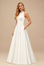 Rutipo Ivory Elegant Halter Sleeveless A-Line Tea-Length Lace/Satin Wedding Dresses With Pockets/Back Hole