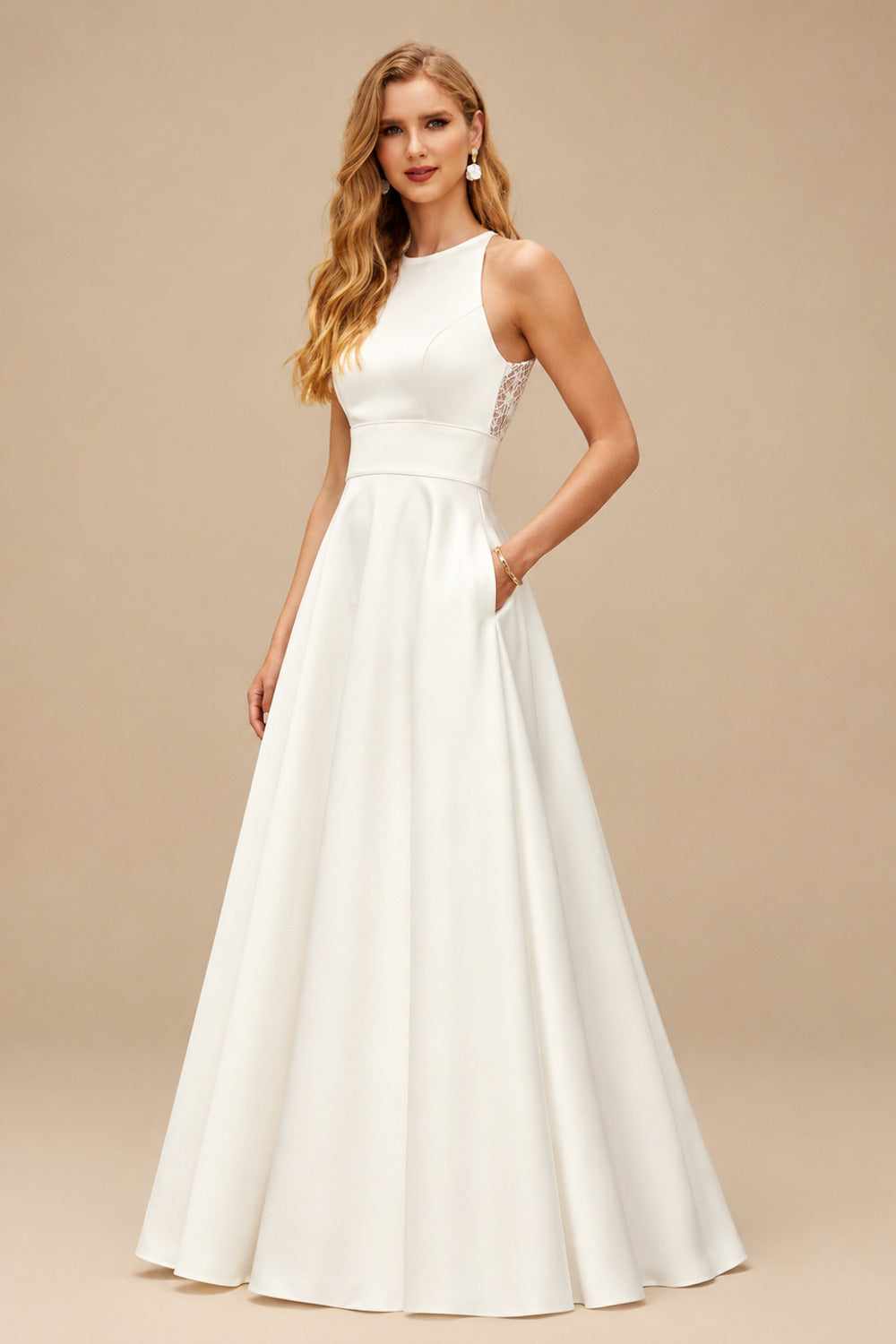 Rutipo Ivory Elegant Halter Sleeveless A-Line Tea-Length Lace/Satin Wedding Dresses With Pockets/Back Hole