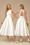 Rutipo Ivory Elegant Halter Sleeveless A-Line Tea-Length Lace/Satin Wedding Dresses With Pockets/Back Hole