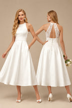 Rutipo Ivory Elegant Halter Sleeveless A-Line Tea-Length Lace/Satin Wedding Dresses With Pockets/Back Hole