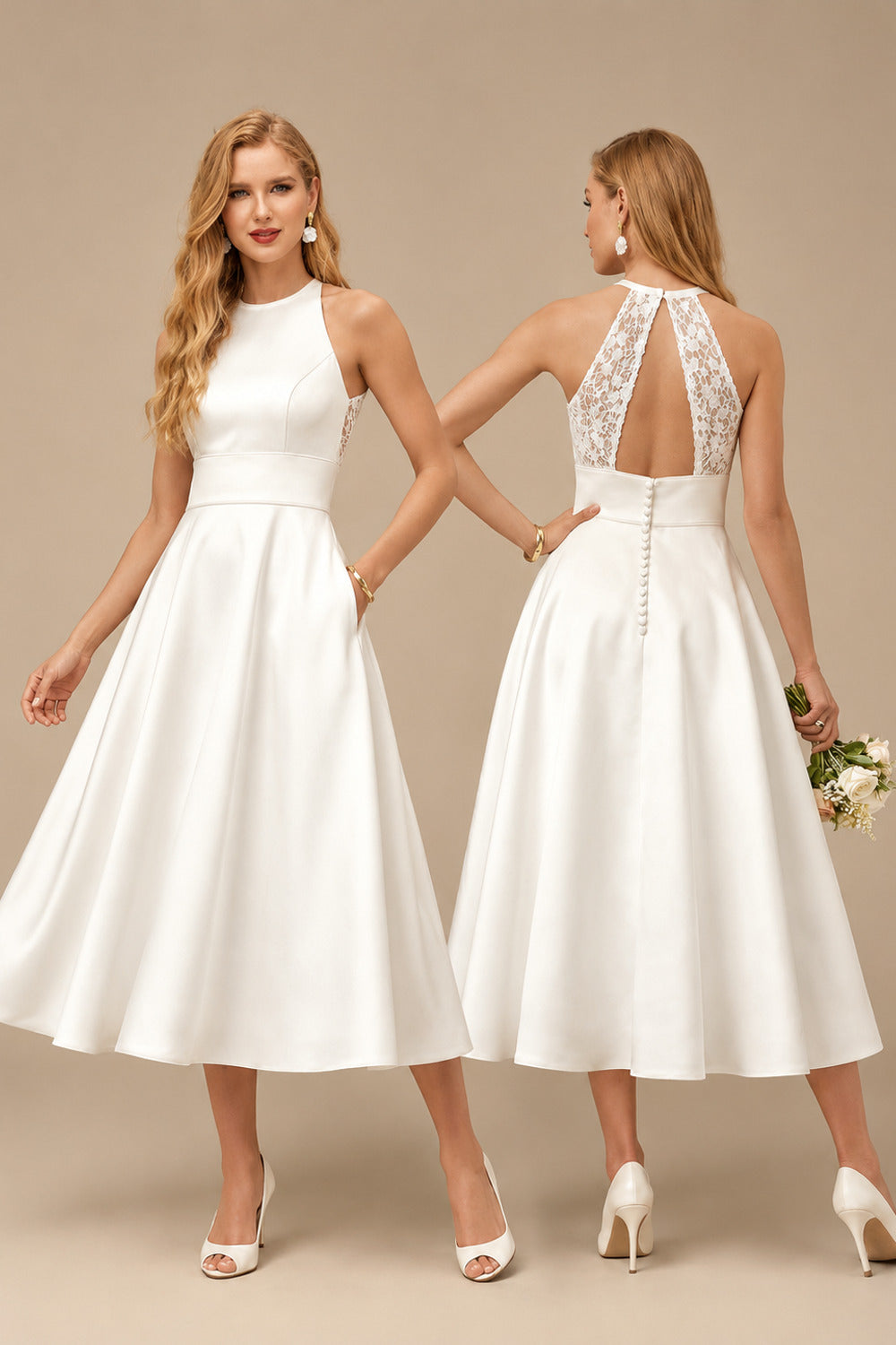 Rutipo Ivory Elegant Halter Sleeveless A-Line Tea-Length Lace/Satin Wedding Dresses With Pockets/Back Hole