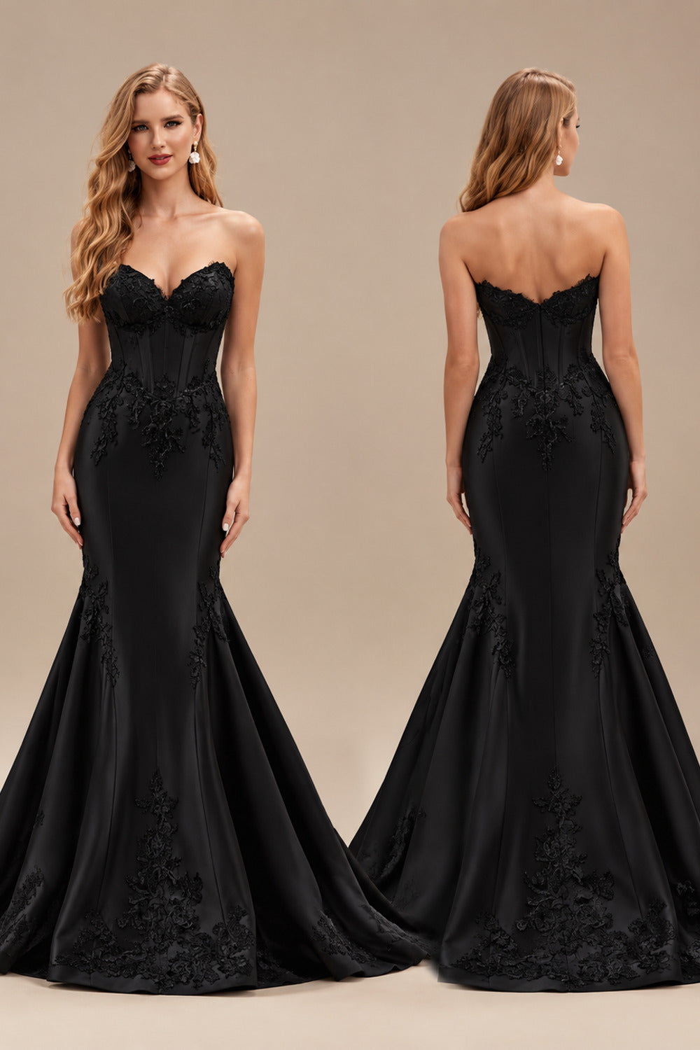 Rutipo Black Trumpet/Mermaid Sweetheart Sleeveless Cathedral Satin Wedding Dresses With Appliques Lace