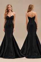 Rutipo Black Trumpet/Mermaid Sweetheart Sleeveless Cathedral Satin Wedding Dresses With Appliques Lace