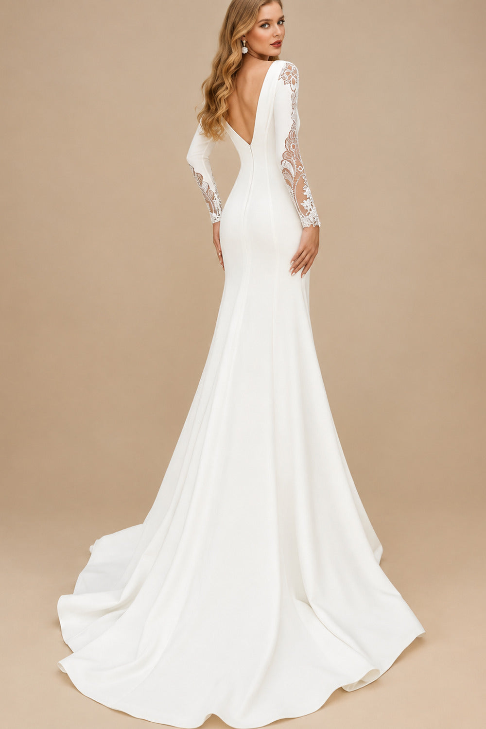Rutipo Ivory Trumpet/Mermaid Plunge Neck Long Sleeves Sweep Train Elastic Satin Wedding Dresses