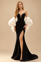 Rutipo As Picture Trumpet/Mermaid Sweetheart/Plunge Neck Sleeveless Court Train Elastic Satin/Organza Wedding Dresses With Flower(s)/High Split