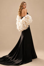 Rutipo Black Trumpet/Mermaid Sweetheart/Plunge Neck Sleeveless Court Train Elastic Satin/Organza Wedding Dresses With Flower(s)/High Split