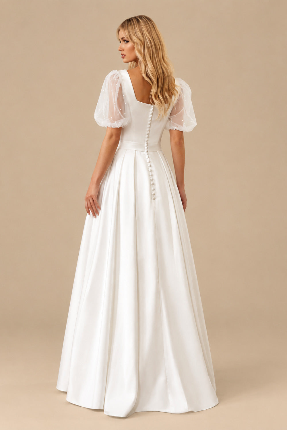 Rutipo Ivory Ball-Gown Square Neckline Long Sleeves Floor-Length Satin Wedding Dresses With Beading