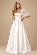Rutipo Ivory Ball-Gown Square Neckline Long Sleeves Floor-Length Satin Wedding Dresses With Beading