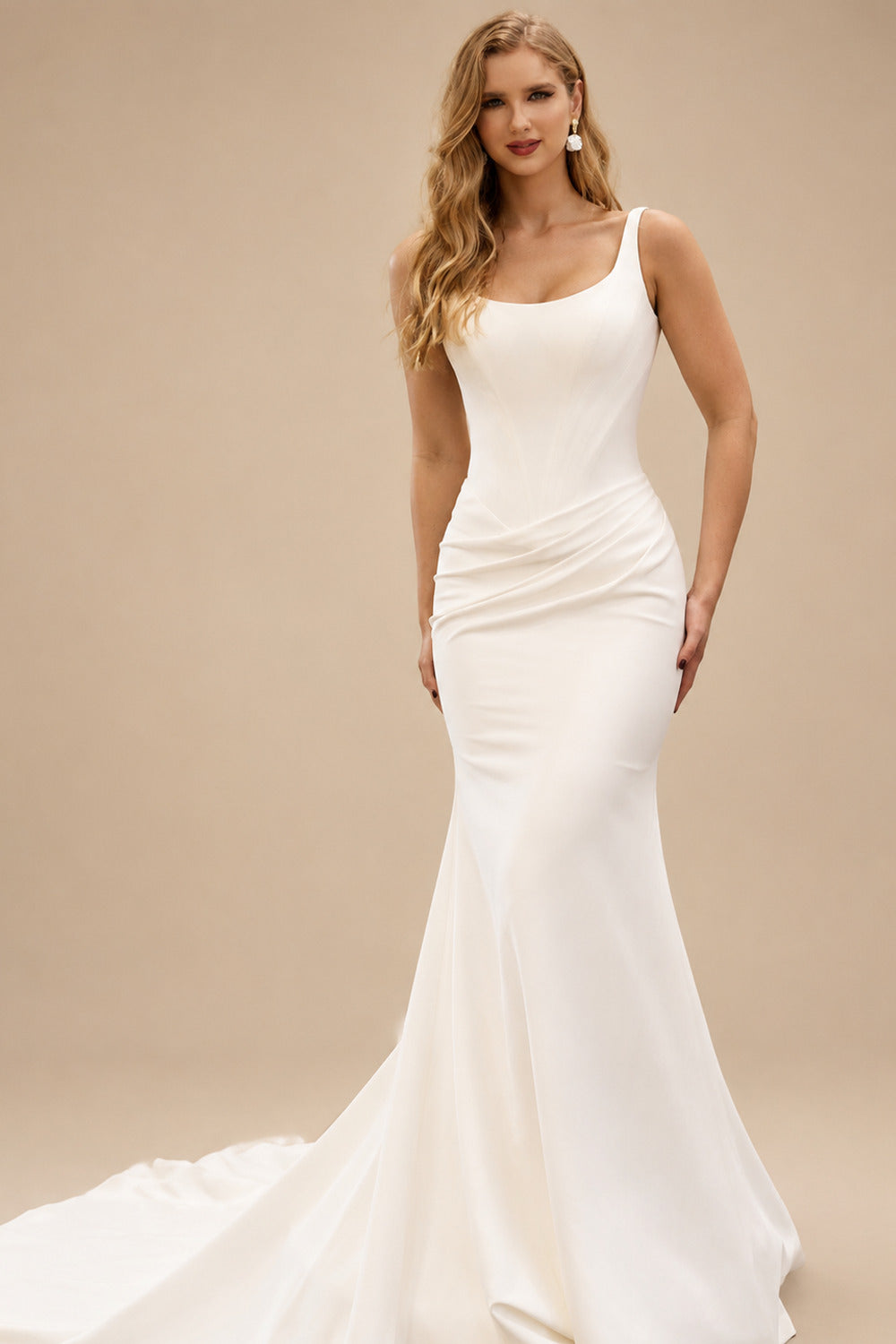 Rutipo Ivory Trumpet/Mermaid Square Neckline Sleeveless Sweep Train Elastic Satin Wedding Dresses