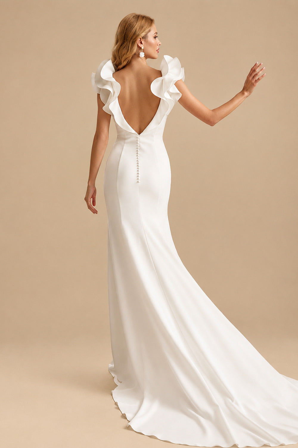 Rutipo Ivory Sheath/Column V-Neck Sleeveless Chapel Train Elastic Satin Wedding Dresses With Shoulder Ruffle