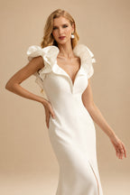 Rutipo Ivory Sheath/Column V-Neck Sleeveless Chapel Train Elastic Satin Wedding Dresses With Shoulder Ruffle