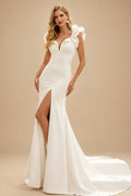 Rutipo Ivory Sheath/Column V-Neck Sleeveless Chapel Train Elastic Satin Wedding Dresses With Shoulder Ruffle
