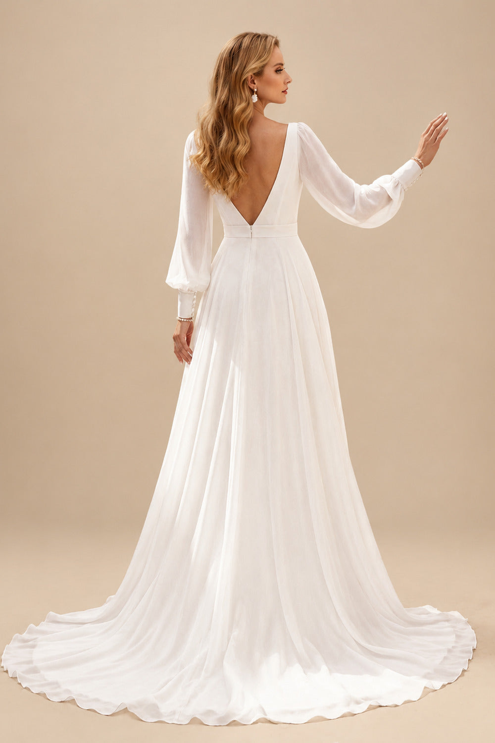Rutipo Ivory A-Line Square Neckline Long Sleeves Sweep Train Chiffon Wedding Dresses