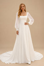 Rutipo Ivory A-Line Square Neckline Long Sleeves Sweep Train Chiffon Wedding Dresses