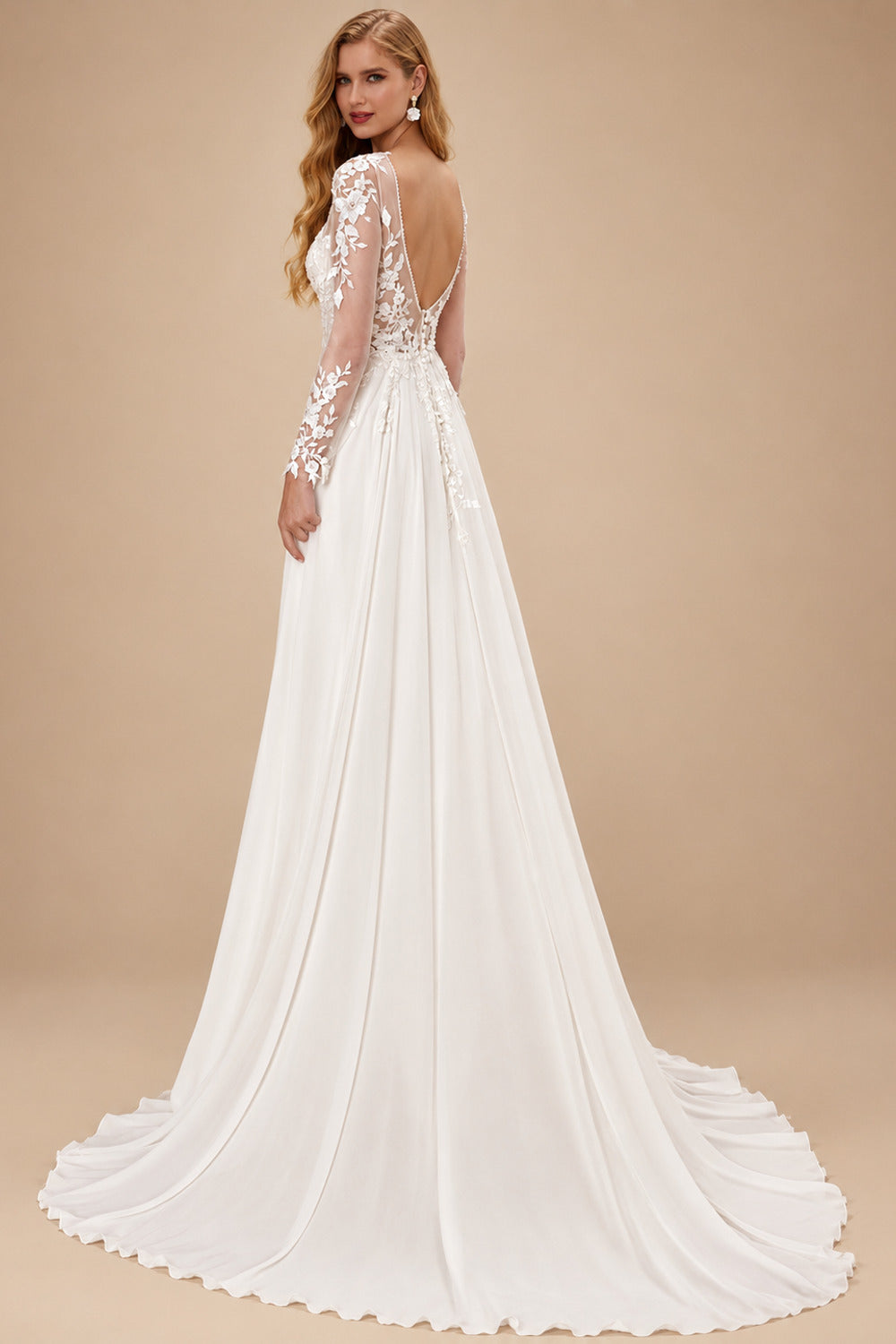 Rutipo Ivory A-Line V-Neck Long Sleeves Sweep Train Chiffon/Lace Wedding Dresses