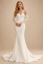 Rutipo Ivory Trumpet/Mermaid Sweetheart Detachable Sleeves Sweep Train Lace/Elastic Satin Wedding Dresses