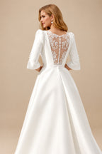 Rutipo Ivory Ball-Gown V-Neck 1/2 Sleeves Royal Lace Wedding Bride With Flower(s)