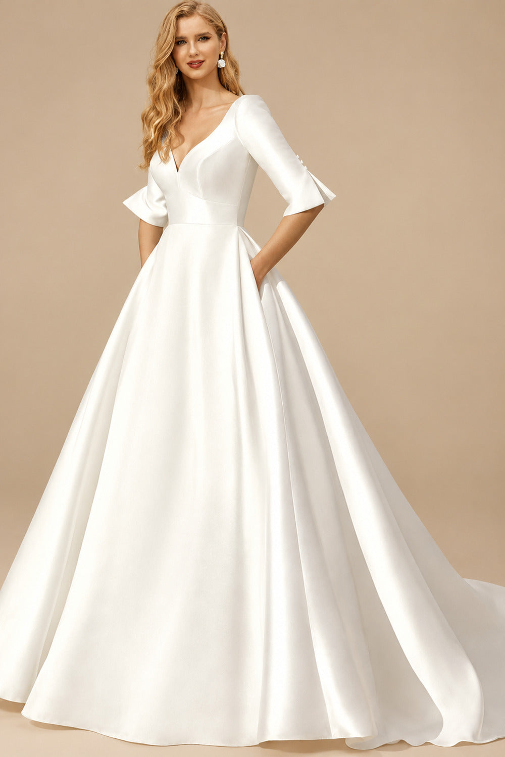 Rutipo Ivory Ball-Gown V-Neck 1/2 Sleeves Royal Lace Wedding Bride With Flower(s)