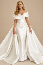 Rutipo Ivory Sheath Column One-Shoulder Sleeveless Detachable Twill Satin Wedding Dress With Beading Rhinestone