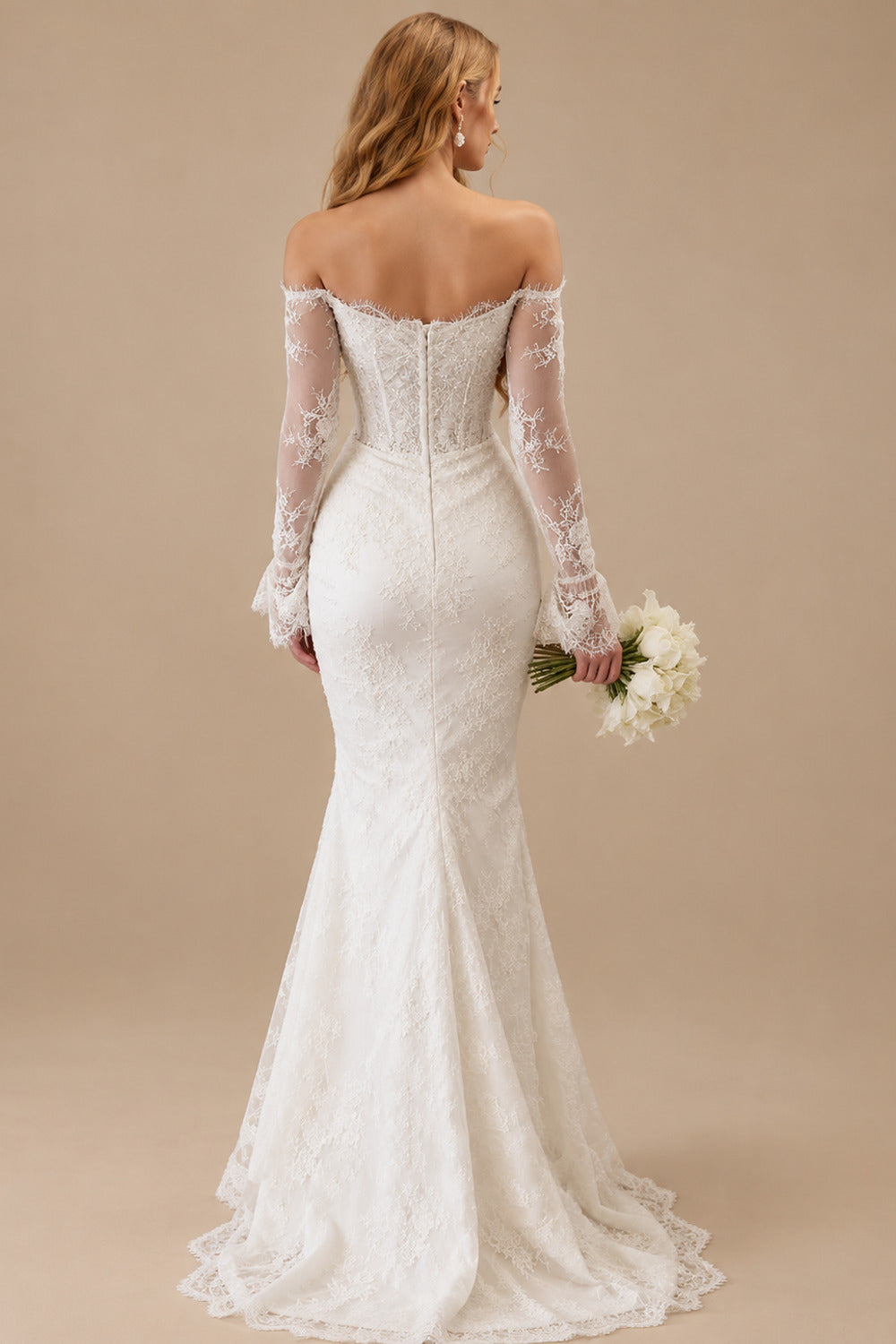 Rutipo White Trumpet Mermaid Off-The-Shoulder Long Sleeves Sweep Train Lace Tulle Elastic Satin Wedding Dresses With Beading Flower